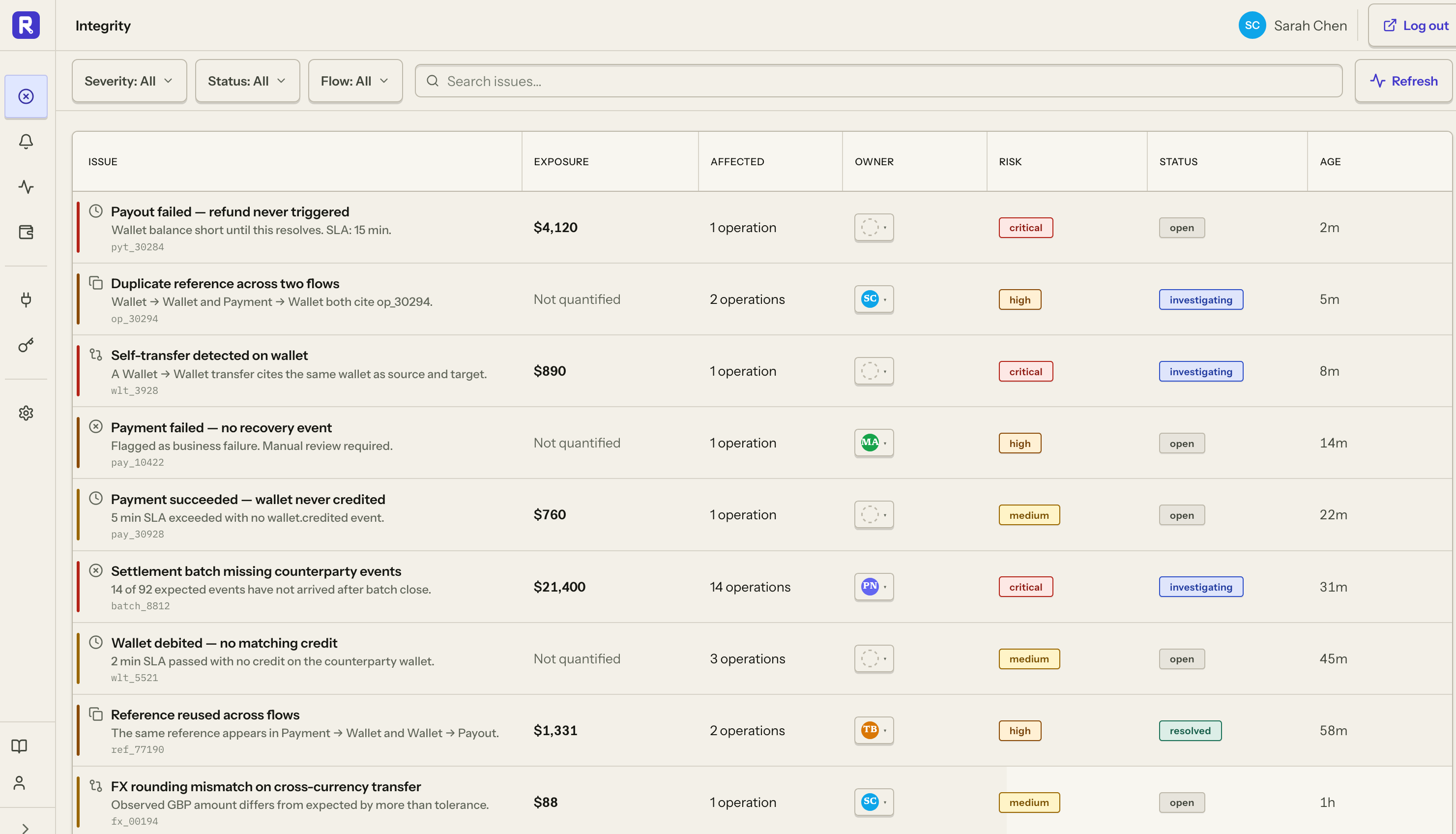 The Reconify integrity view showing payment evidence, exposure, owners, risk, and status